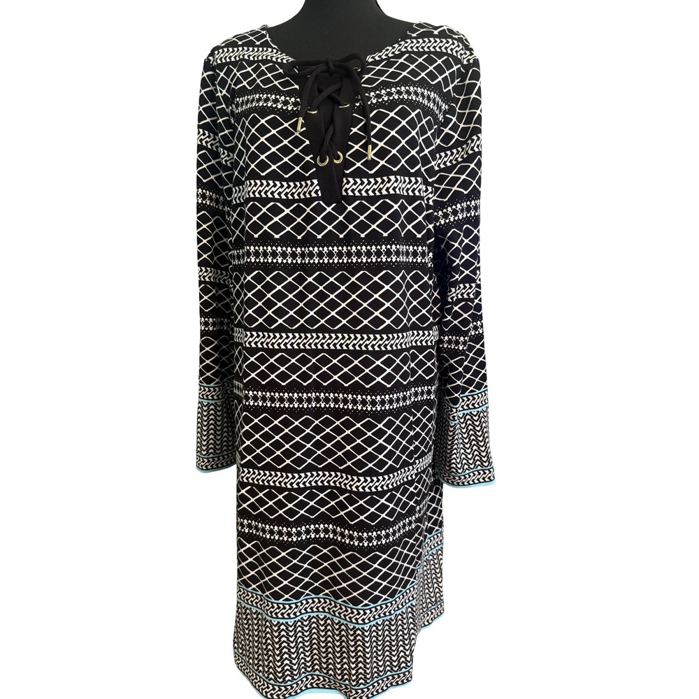 Kaari Blue Woman Black White Geometric Lace Up V-Neck Shift Dress 2X Plus Size